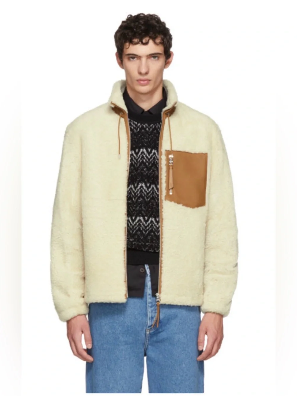 Orvis Sherpa Fleece Jacket, Contrasting Chest pocket & 100% Brown Leather Trim.